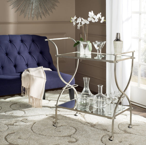 Safavieh Lucretius Bar Cart – Elegant Iron Frame With Mirrored Shelves For Stylish Home Entertaining & Display Silver/Mirror FOX2556A