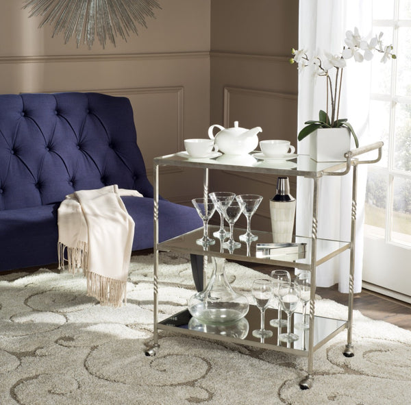 Safavieh Aurelius Bar Cart - Elegant Serving Trolley With Mirrored Shelves For Stylish Home Entertaining Silver/Mirror FOX2557A