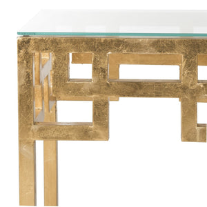 Safavieh Byram Greek Key Glass Top End Table - Elegant Antique Gold Frame, Modern Accent For Any Room Decor FOX2574A
