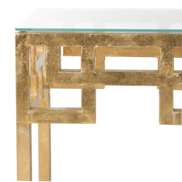 Safavieh Byram Greek Key Glass Top End Table - Elegant Antique Gold Frame, Modern Accent For Any Room Decor FOX2574A