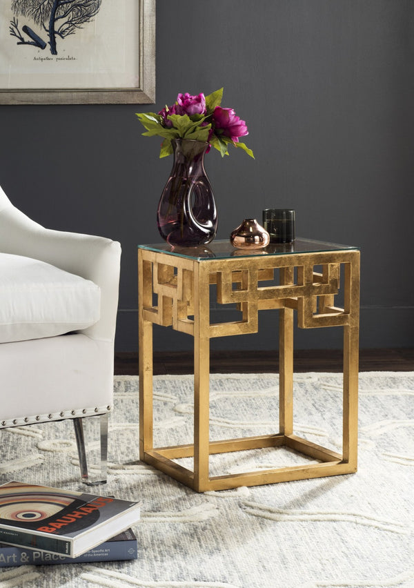 Safavieh Byram Greek Key Glass Top End Table - Elegant Antique Gold Frame, Modern Accent For Any Room Decor FOX2574A