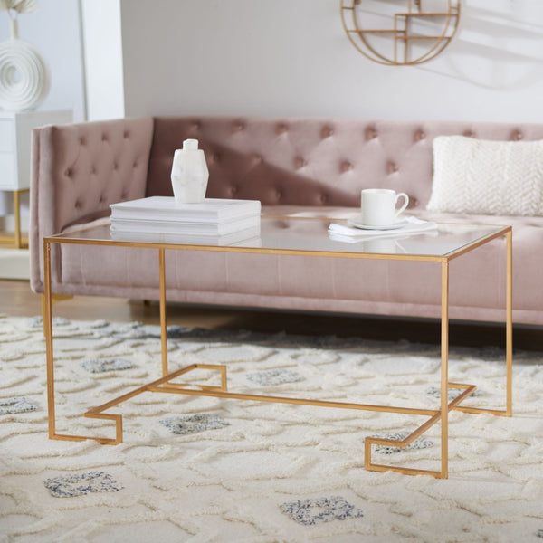 Safavieh Burton Sculptural Coffee Table - Artisanal Gold Leaf Finish & Glass Top For Elegant Living Spaces FOX2582A