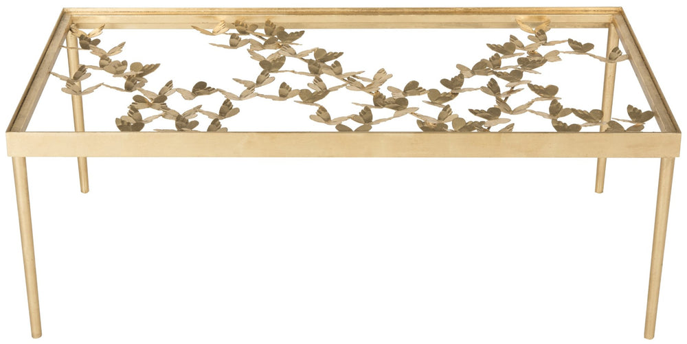 Safavieh Rosalia Butterfly Coffee Table - Elegant Antique Gold Finish & Glass Top, Timeless Living Room Centerpiece FOX2589A