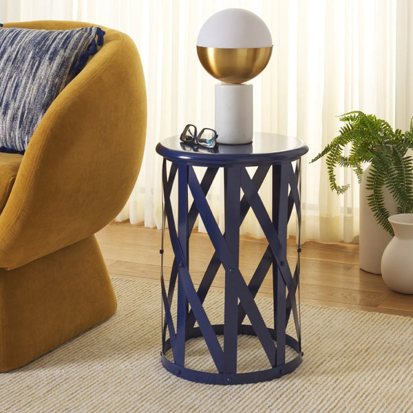 Safavieh Bertram Stool - Modern Industrial Accent With Open Lattice Design For Versatile Home Decor Use Navy FOX3200B