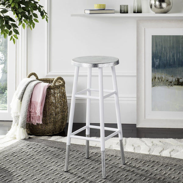 Safavieh Kenzie 30''H Contemporary Bar Stool With Metallic Accents For Modern Home Bars And Kitchens White/Silver FOX3212B