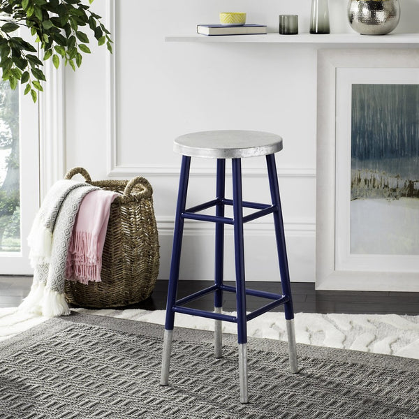 Safavieh Kenzie 30''H Contemporary Bar Stool With Metallic Accents For Modern Home Bars And Kitchens Navy/Silver FOX3212C