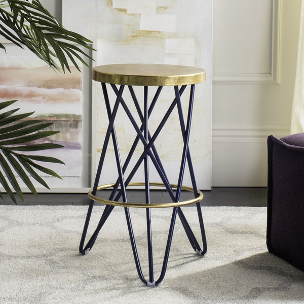 Safavieh Lorna Counter Stool - Chic Retro Glam Design With Gold Leaf Finish For Upscale Kitchen Décor Navy/Gold FOX3255B