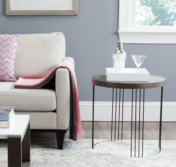 Safavieh Kelly Mid-Century Scandinavian Round Side Table - Dark Brown Lacquer With Black Hairpin Legs FOX4201B