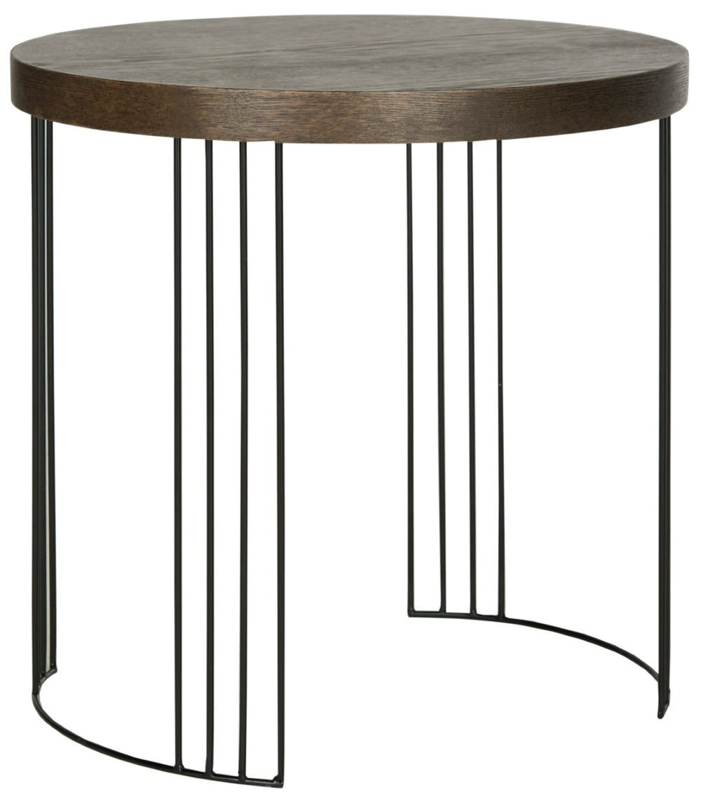 Safavieh Kelly Mid-Century Scandinavian Round Side Table - Dark Brown Lacquer With Black Hairpin Legs FOX4201B