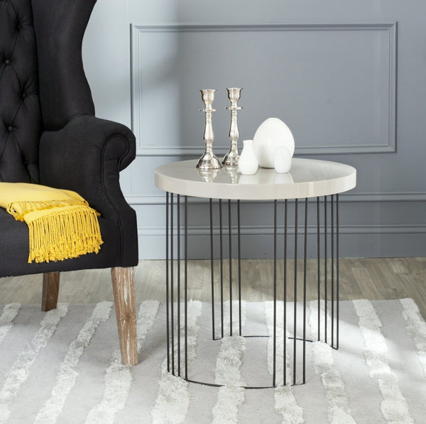 Safavieh Kelly Sleek Mid-Century Scandinavian Side Table With Glossy Lacquer Top And Stylish Iron Legs Taupe/Black FOX4201C