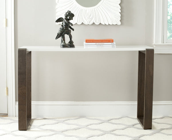 Safavieh Bartholomew Mid-Century Scandinavian Console Table With Glossy Lacquer Top And Wood-Grain Base White/Dark Brown FOX4209A