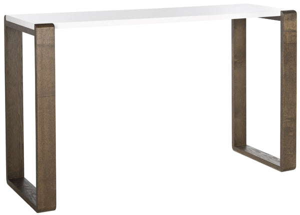 Safavieh Bartholomew Mid-Century Scandinavian Console Table With Glossy Lacquer Top And Wood-Grain Base White/Dark Brown FOX4209A