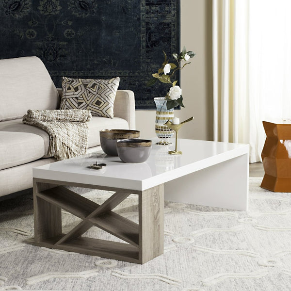 Safavieh Carlton Scandinavian Lacquer Coffee Table - Modern Minimalist Design With Asymmetrical Oak Accents FOX4236A