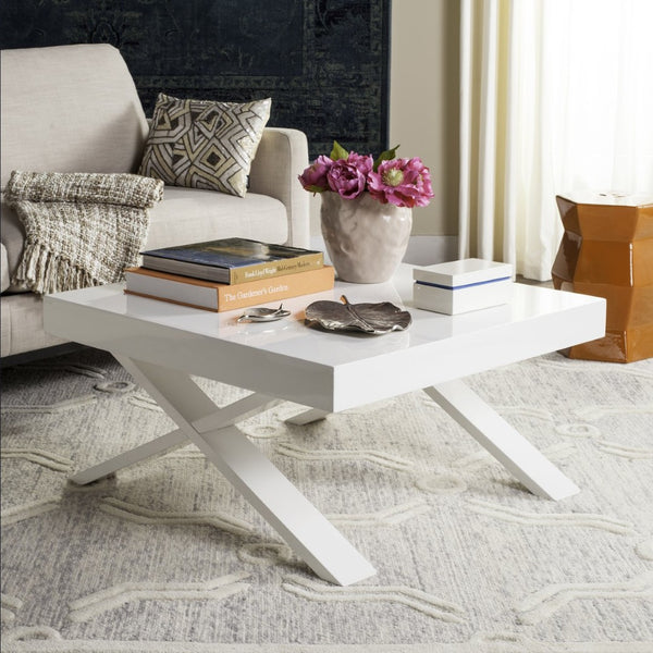 Safavieh Harrison Mid-Century Scandinavian Coffee Table - Chic White Lacquer With X-Style Base For Modern Living FOX4239A