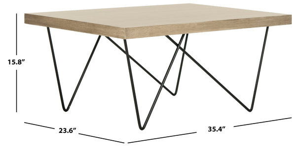 Safavieh Amos Retro Mid Century Coffee Table - Asymmetrical Design With Black Iron Legs & Light Oak Finish FOX4265A