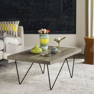 Safavieh Amos Retro Mid Century Coffee Table - Asymmetrical Design With Black Iron Legs & Light Oak Finish FOX4265A