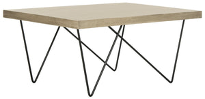Safavieh Amos Retro Mid Century Coffee Table - Asymmetrical Design With Black Iron Legs & Light Oak Finish FOX4265A