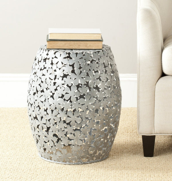 Safavieh Floral Pierced Stool - Modern Romantic Accent Seat With Matte Silver Finish & Intricate Ironwork Design FOX4502A