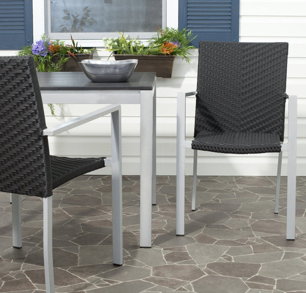 Safavieh CORDOVA Stackable Arm Chairs in Black PE Wicker – Lightweight, Durable Seating for Indoor & Outdoor Use FOX5206A-SET2