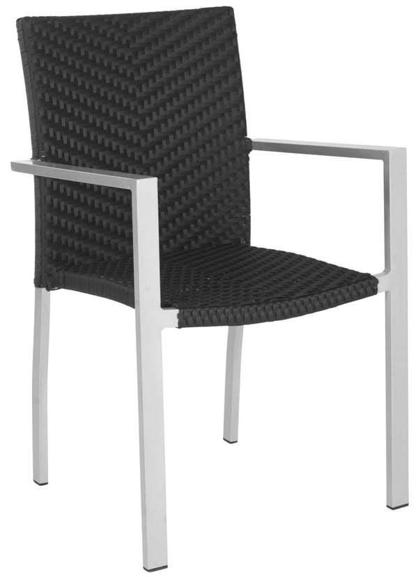Safavieh CORDOVA Stackable Arm Chairs in Black PE Wicker – Lightweight, Durable Seating for Indoor & Outdoor Use FOX5206A-SET2