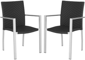 Safavieh CORDOVA Stackable Arm Chairs in Black PE Wicker – Lightweight, Durable Seating for Indoor & Outdoor Use FOX5206A-SET2