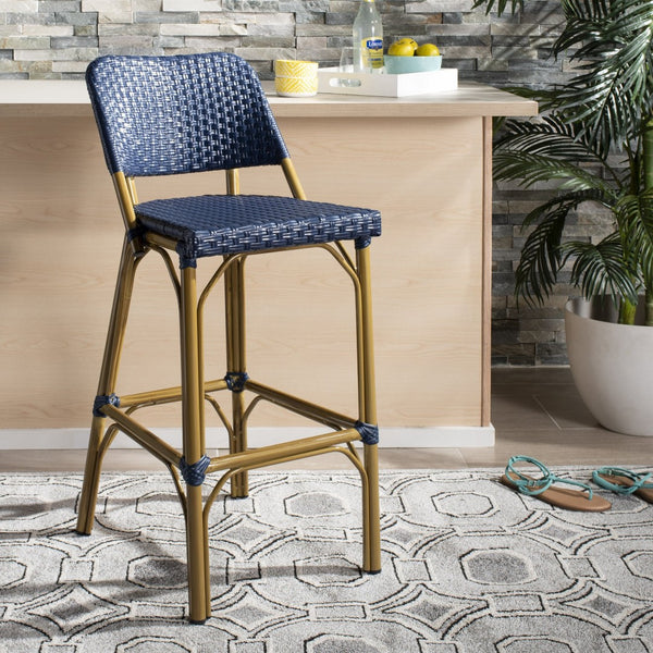 Safavieh Deltana Bar Stool In Navy - Stylish Faux Bamboo Design For Indoor & Outdoor Use, Easy Care Comfort FOX5208D