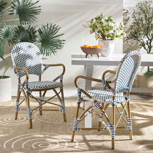 Safavieh HOOPER Armchair - Elegant Stacking Design for Coastal Charm in Indoor and Outdoor Spaces Blue / White FOX5209A-SET2
