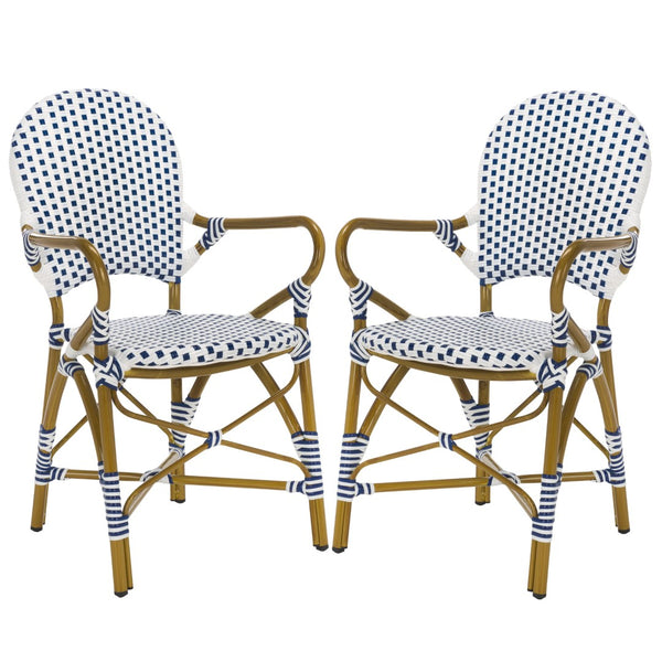Safavieh HOOPER Armchair - Elegant Stacking Design for Coastal Charm in Indoor and Outdoor Spaces Blue / White FOX5209A-SET2