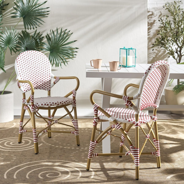 Safavieh HOOPER Armchair - Elegant Stacking Design for Coastal Charm in Indoor and Outdoor Spaces Red / White FOX5209C-SET2