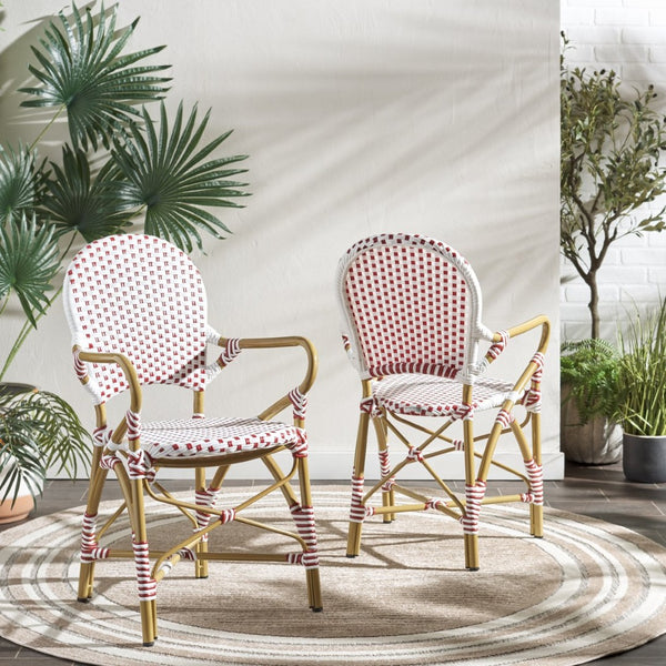 Safavieh HOOPER Armchair - Elegant Stacking Design for Coastal Charm in Indoor and Outdoor Spaces Red / White FOX5209C-SET2