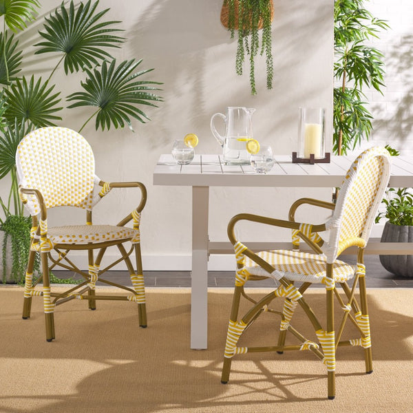 Safavieh HOOPER Armchair - Elegant Stacking Design for Coastal Charm in Indoor and Outdoor Spaces Yellow / White FOX5209D-SET2