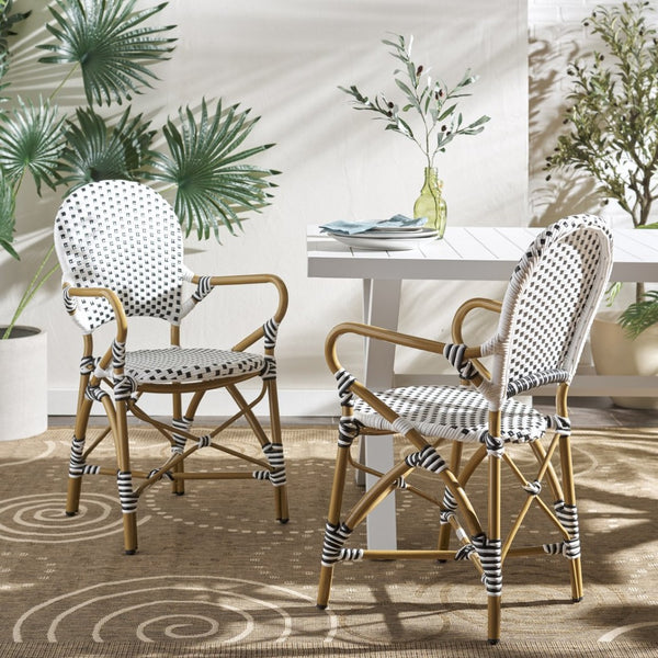 Safavieh HOOPER Armchair - Elegant Stacking Design for Coastal Charm in Indoor and Outdoor Spaces Black / White FOX5209E-SET2