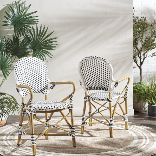 Safavieh HOOPER Armchair - Elegant Stacking Design for Coastal Charm in Indoor and Outdoor Spaces Black / White FOX5209E-SET2