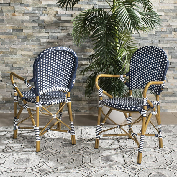 Safavieh HOOPER Armchair - Elegant Stacking Design for Coastal Charm in Indoor and Outdoor Spaces Navy / White FOX5209F-SET2