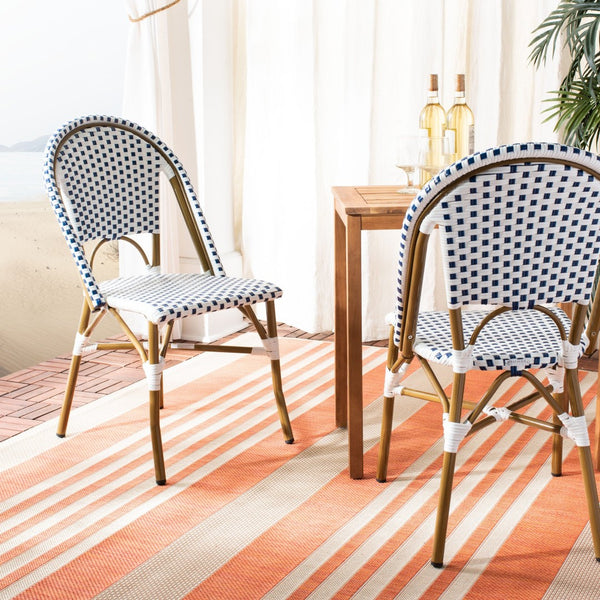 Safavieh SALCHA Side Chair - Elegant European Bistro Style, Weather-Resistant, Stackable for Indoor/Outdoor Use Blue / White FOX5210A-SET2