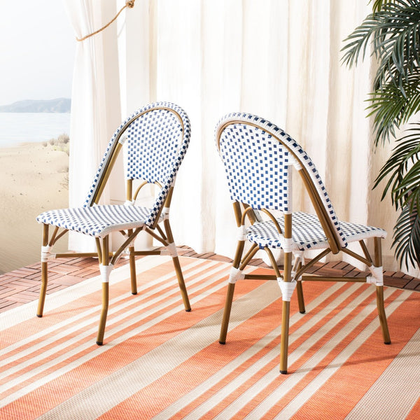Safavieh SALCHA Side Chair - Elegant European Bistro Style, Weather-Resistant, Stackable for Indoor/Outdoor Use Blue / White FOX5210A-SET2