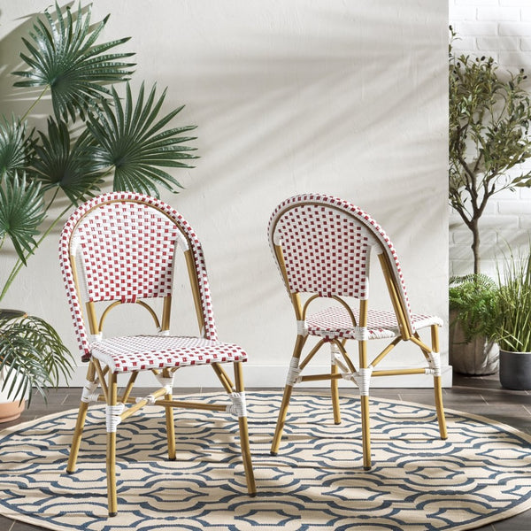 Safavieh SALCHA Side Chair - Elegant European Bistro Style, Weather-Resistant, Stackable for Indoor/Outdoor Use Red / White FOX5210C-SET2