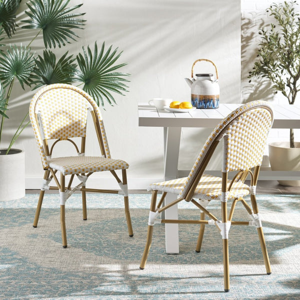 Safavieh SALCHA Side Chair - Elegant European Bistro Style, Weather-Resistant, Stackable for Indoor/Outdoor Use Yellow / White FOX5210D-SET2