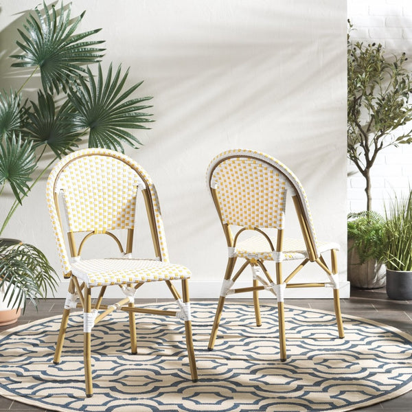 Safavieh SALCHA Side Chair - Elegant European Bistro Style, Weather-Resistant, Stackable for Indoor/Outdoor Use Yellow / White FOX5210D-SET2