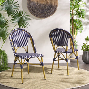 Safavieh SALCHA Side Chair - Elegant European Bistro Style, Weather-Resistant, Stackable for Indoor/Outdoor Use Navy / White FOX5210F-SET2