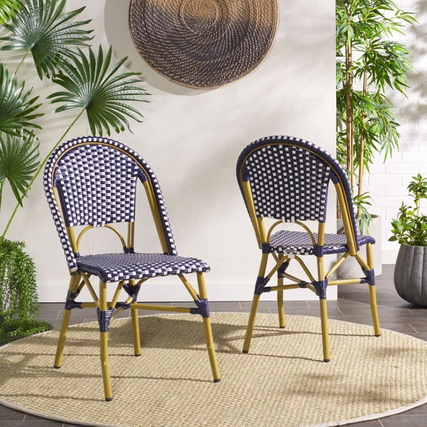 Safavieh SALCHA Side Chair - Elegant European Bistro Style, Weather-Resistant, Stackable for Indoor/Outdoor Use Navy / White FOX5210F-SET2