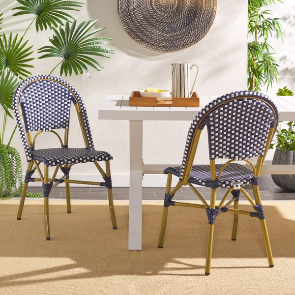 Safavieh SALCHA Side Chair - Elegant European Bistro Style, Weather-Resistant, Stackable for Indoor/Outdoor Use Navy / White FOX5210F-SET2