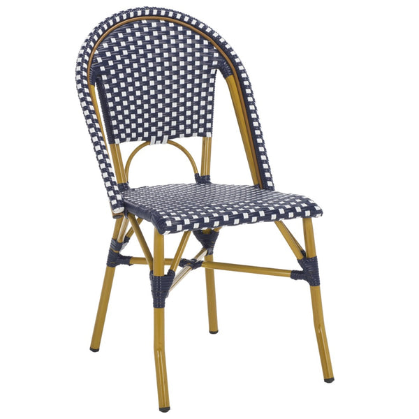 Safavieh SALCHA Side Chair - Elegant European Bistro Style, Weather-Resistant, Stackable for Indoor/Outdoor Use Navy / White FOX5210F-SET2