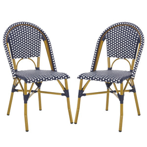Safavieh SALCHA Side Chair - Elegant European Bistro Style, Weather-Resistant, Stackable for Indoor/Outdoor Use Navy / White FOX5210F-SET2