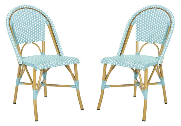 Safavieh SALCHA Side Chair - Elegant European Bistro Style, Weather-Resistant, Stackable for Indoor/Outdoor Use Teal / White FOX5210J-SET2
