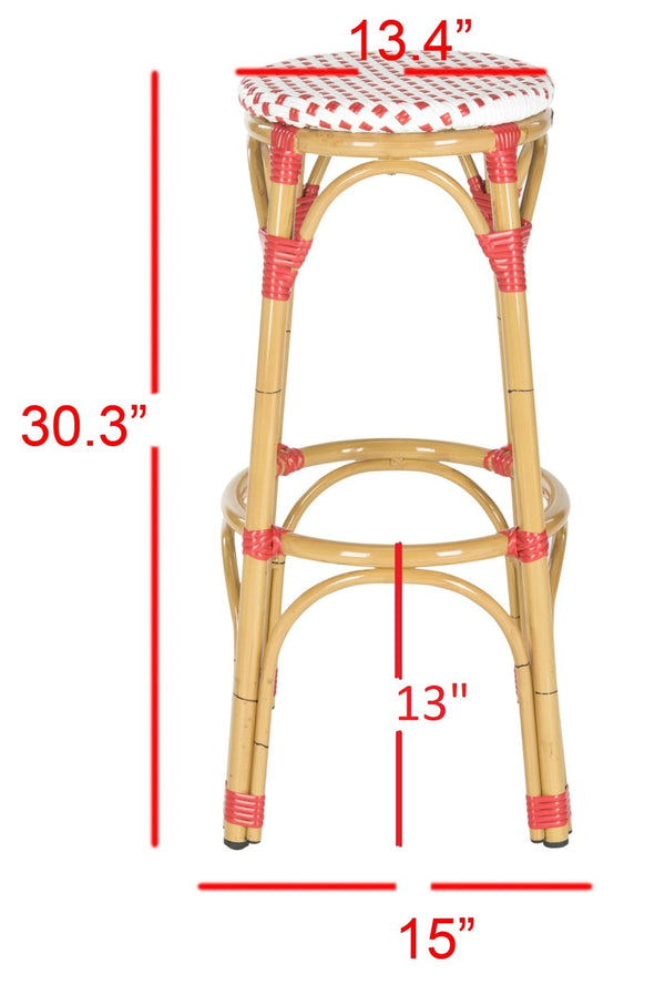 Safavieh Kipnuk Indoor/Outdoor Bar Stool - Stylish Red/White Rattan Bistro Seat For Kitchen & Patio Use FOX5211C