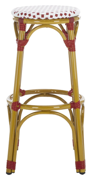 Safavieh Kipnuk Indoor/Outdoor Bar Stool - Stylish Red/White Rattan Bistro Seat For Kitchen & Patio Use FOX5211C