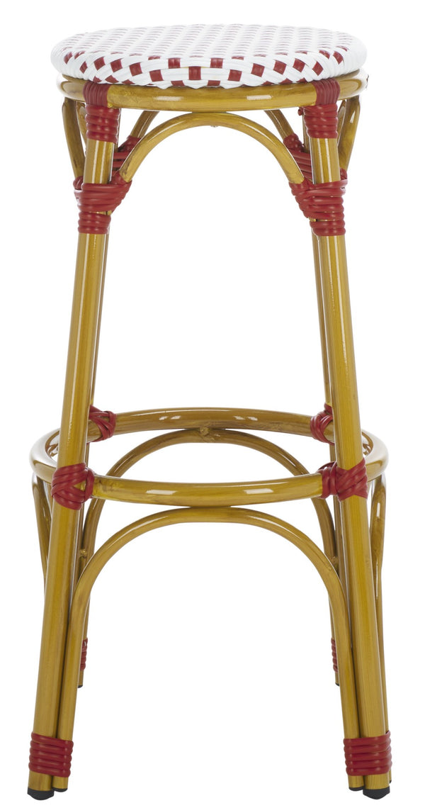 Safavieh Kipnuk Indoor/Outdoor Bar Stool - Stylish Red/White Rattan Bistro Seat For Kitchen & Patio Use FOX5211C