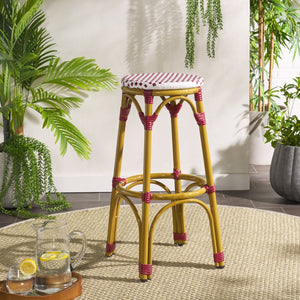 Safavieh Kipnuk Indoor/Outdoor Bar Stool - Stylish Red/White Rattan Bistro Seat For Kitchen & Patio Use FOX5211C