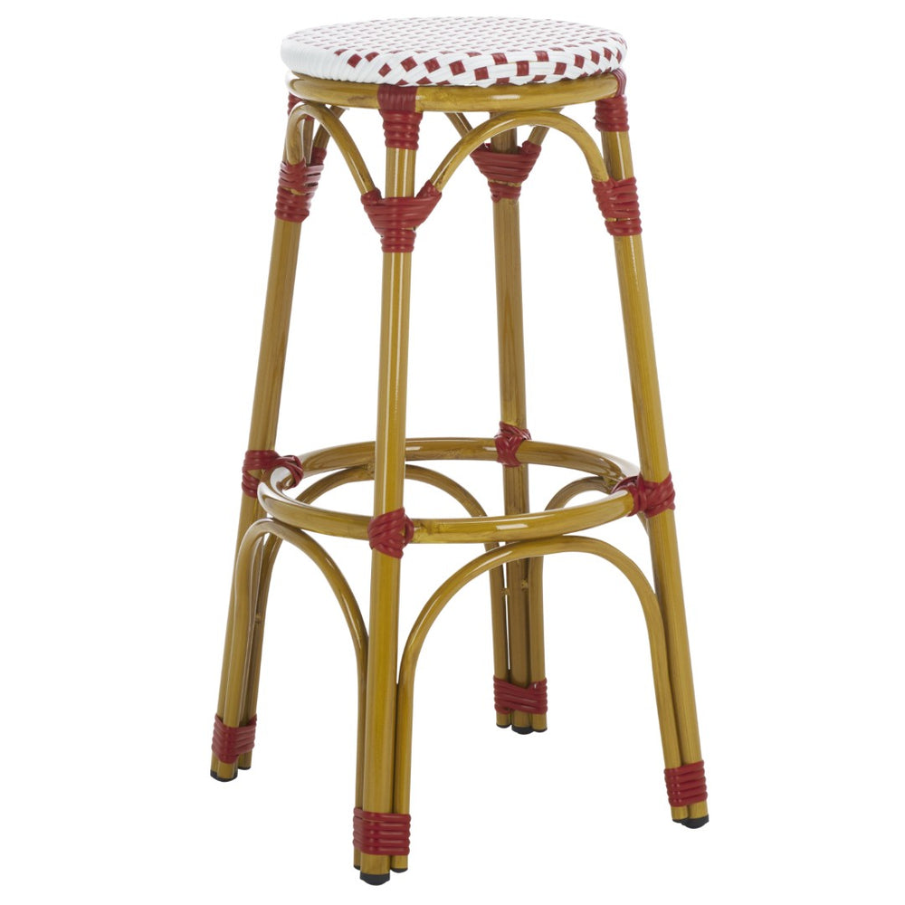 Safavieh Kipnuk Indoor/Outdoor Bar Stool - Stylish Red/White Rattan Bistro Seat For Kitchen & Patio Use FOX5211C